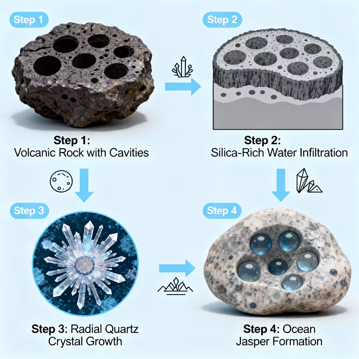 A geological diagram illustrating the formation of Ocean Jasper orbs in volcanic cavities.