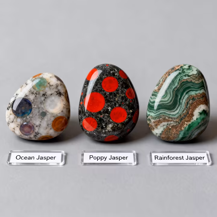 A side-by-side comparison of Ocean Jasper, Poppy Jasper, and Rainforest Jasper, showing their distinct colors and patterns.