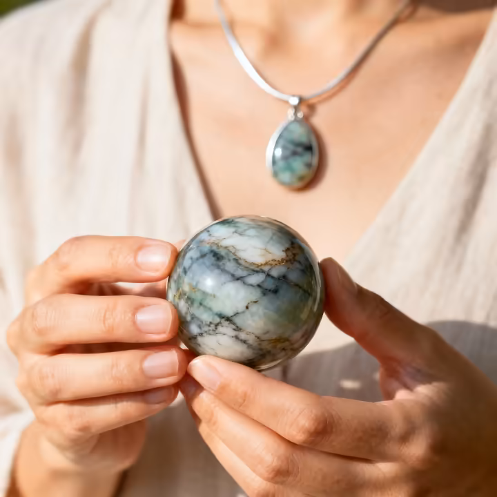A person wearing an Ocean Jasper pendant, with a polished Ocean Jasper sphere sitting on a desk in the background.