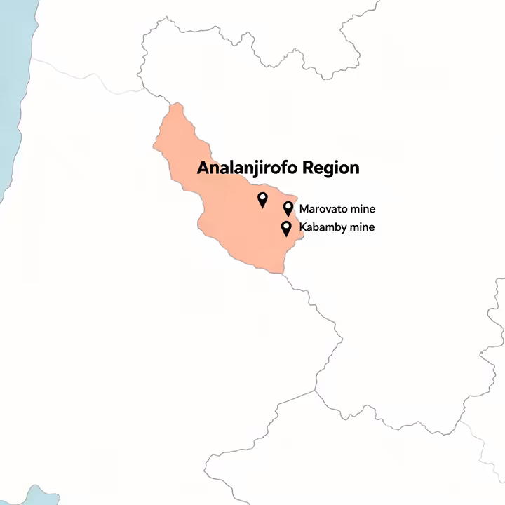 A map of Madagascar highlighting the Analanjirofo Region and the locations of the Marovato and Kabamby mines.