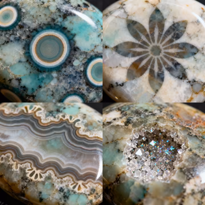 A collage of four different Ocean Jasper pieces showing a variety of patterns: bullseye orbs, flower-like starbursts, wavy lines, and a drusy pocket.