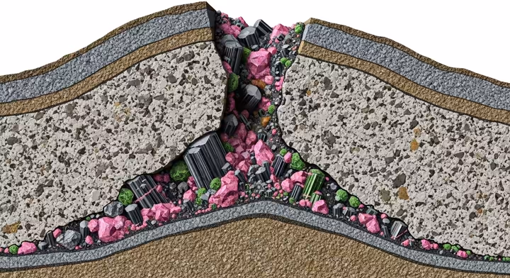A cross-section of granite pegmatite rock showing embedded tourmaline crystals.