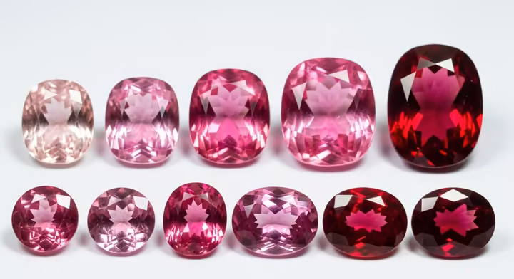 A selection of faceted pink tourmalines showing a range of colors from light pink to deep rubellite red.
