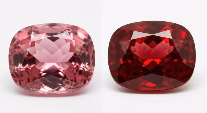 Comparison of a lighter pink tourmaline gemstone next to a deep red rubellite gemstone.