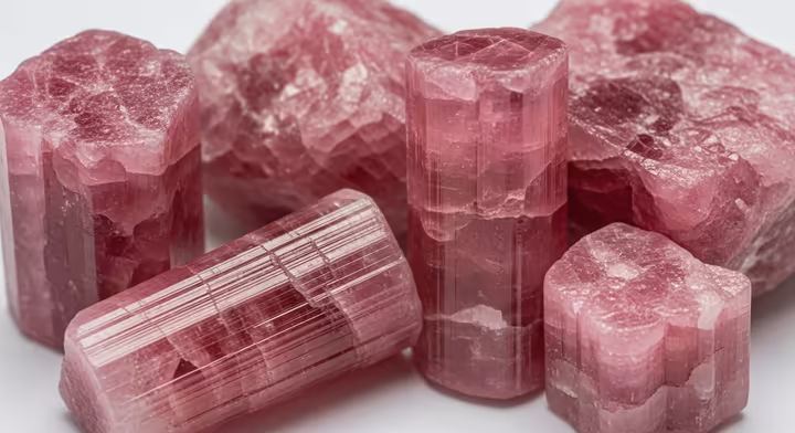 Rough, unpolished pink elbaite tourmaline crystals showing natural prismatic forms.