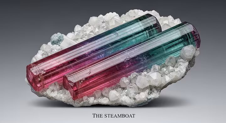 Illustration of 'The Steamboat' tourmaline specimen, showing its two parallel pink and green crystals on matrix.
