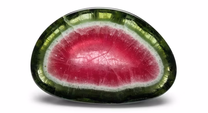 A polished slice of watermelon tourmaline showing its iconic pink center and green rind.