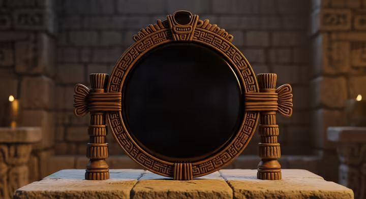 An ancient Aztec scrying mirror made of polished black obsidian, reflecting a dark, distorted image.