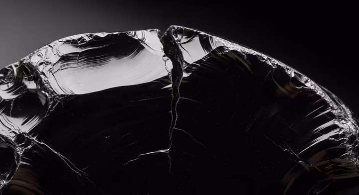 A piece of raw black obsidian showing the characteristic curved, shell-like conchoidal fracture.