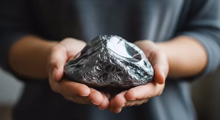 A person meditating while holding a piece of silver sheen obsidian, symbolizing introspection.