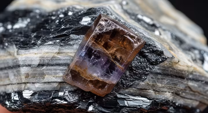 A raw, uncut Tanzanite crystal embedded in its natural rock matrix, showing its less vibrant, brownish pre-heated state.
