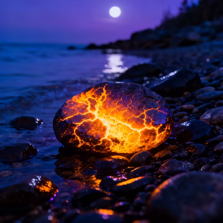 A Yooperlite stone glowing with a fiery orange color on a dark, wet beach at night under a UV light.