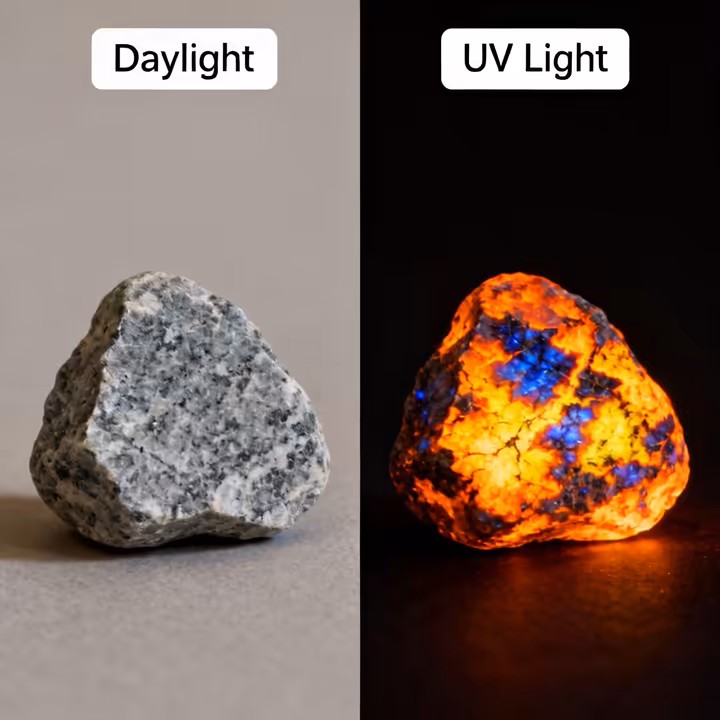 A side-by-side comparison of a Yooperlite stone in normal daylight (a plain grey rock) and under UV light (glowing orange).