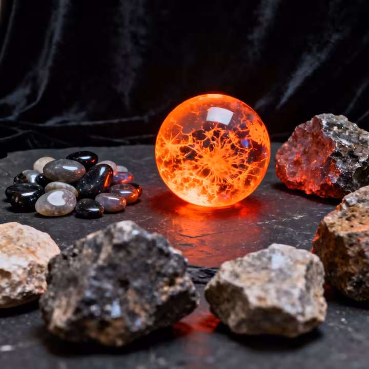 A collection of Yooperlites showing different forms and values, including raw stones, tumbled pieces, and a polished sphere.