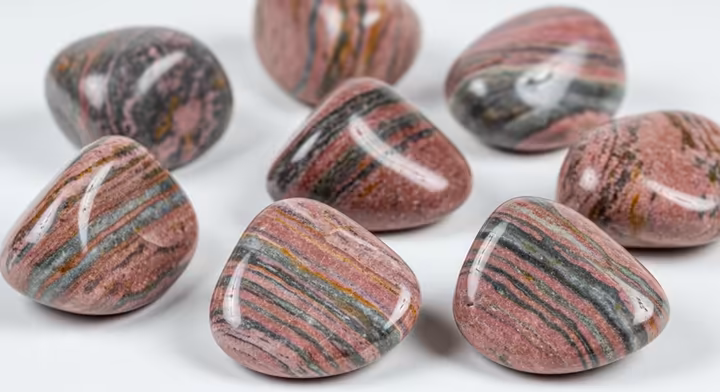 A collection of Pink Zebra Jasper stones, showing their soft pink and mauve colors with dark grey stripes.