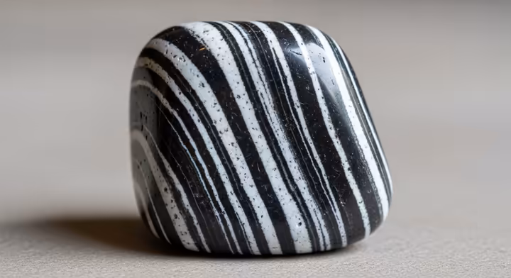 A polished piece of Zebra Jasper, showing its distinct black and white stripes.