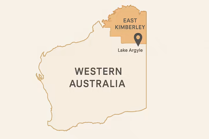 A map of Western Australia highlighting the East Kimberley region, the source of Zebra Stone.