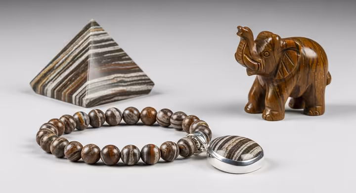 A collection of items made from Zebra Jasper, including a beaded bracelet, a pendant, and a small carved animal.
